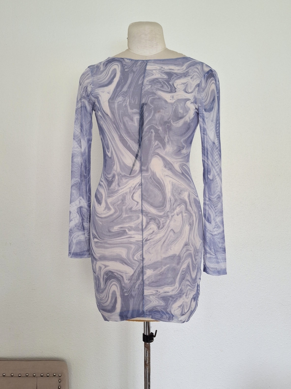 NWT Naked Wardrobe Swim Sheer Mesh Mini Cover Up Dress Marble Swirl Blue Large